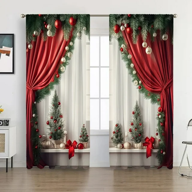 Boovnll European Curtains 3 Boovnll Curtains, 2Pcs European Curtains and Drapes Christmas Series Curtains