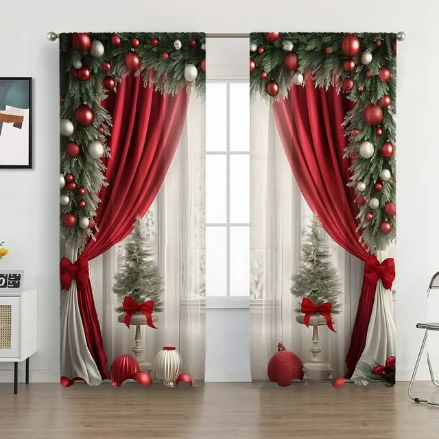 Christmas Print Curtains 5 Christmas Curtains Set, Digital Printing Christmas Tree Design