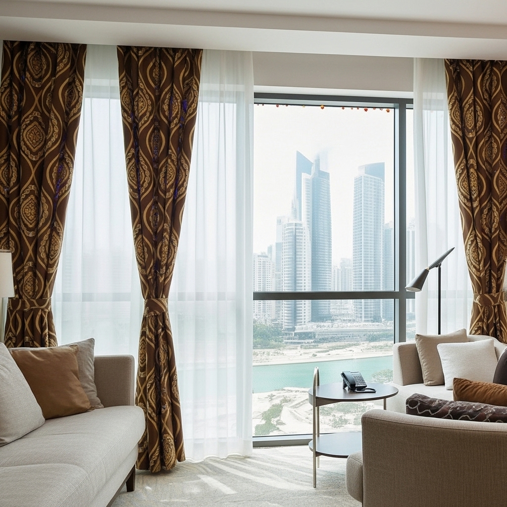 Home 161 Living room brown curtains installed in Dubai
